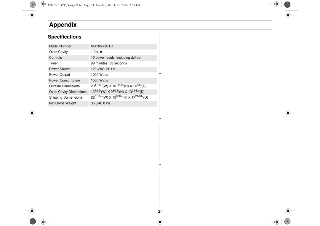 Samsung MR1050USTC owner manual Specifications 