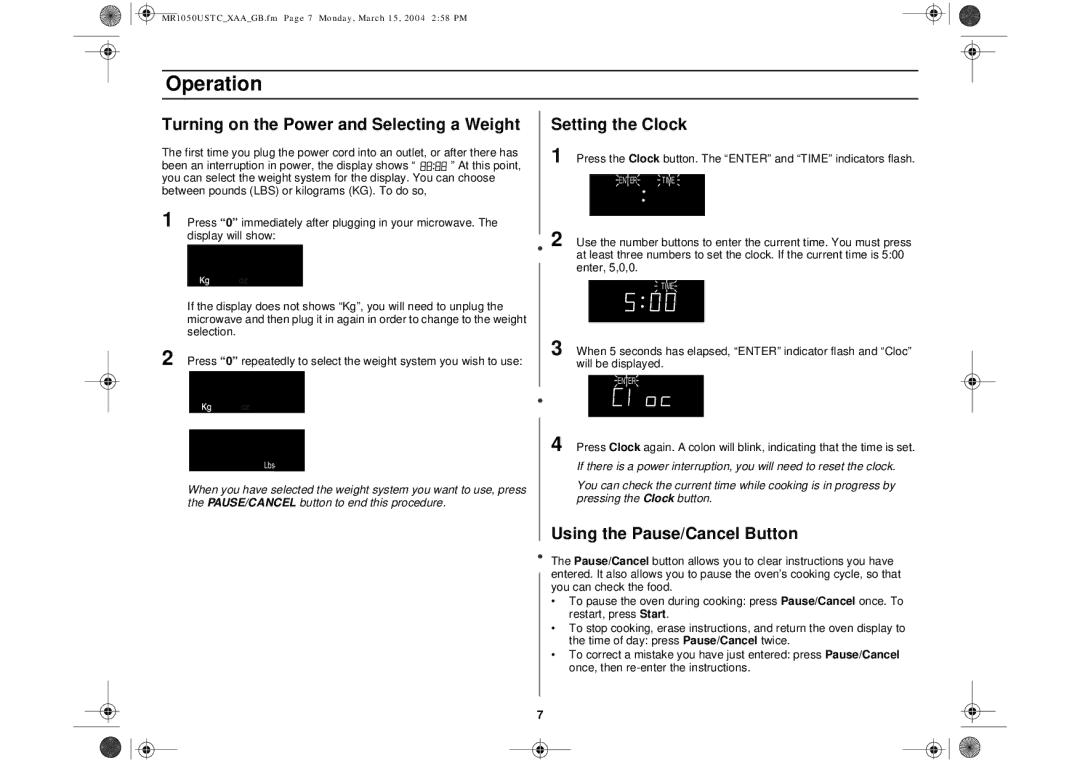 Samsung MR1050USTC owner manual Operation, Turning on the Power and Selecting a Weight, Setting the Clock 