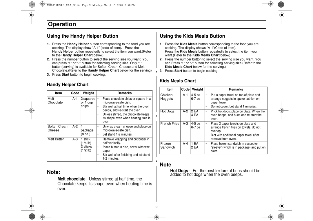 Samsung MR1050USTC Using the Handy Helper Button, Using the Kids Meals Button, Handy Helper Chart, Kids Meals Chart 