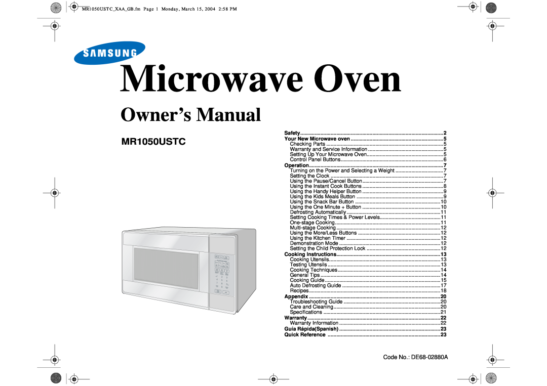Samsung MR1050USTC owner manual Microwave Oven, Using the Snack Bar Button, Setting Cooking Times & Power Levels, Safety 