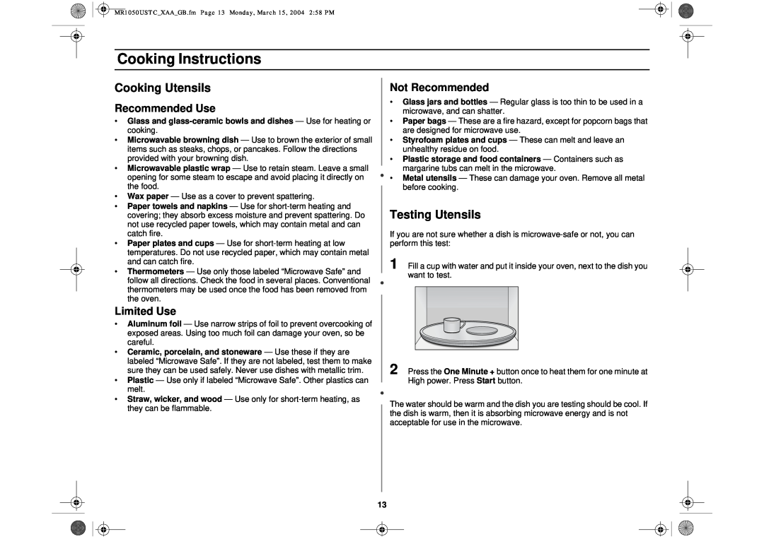 Samsung MR1050USTC Cooking Instructions, Cooking Utensils, Testing Utensils, Recommended Use, Limited Use, Not Recommended 