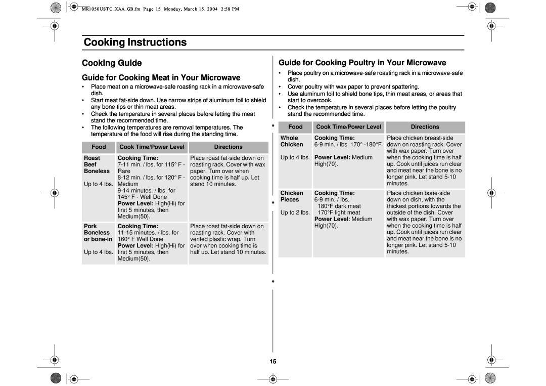Samsung MR1050USTC Cooking Guide, Guide for Cooking Meat in Your Microwave, Guide for Cooking Poultry in Your Microwave 