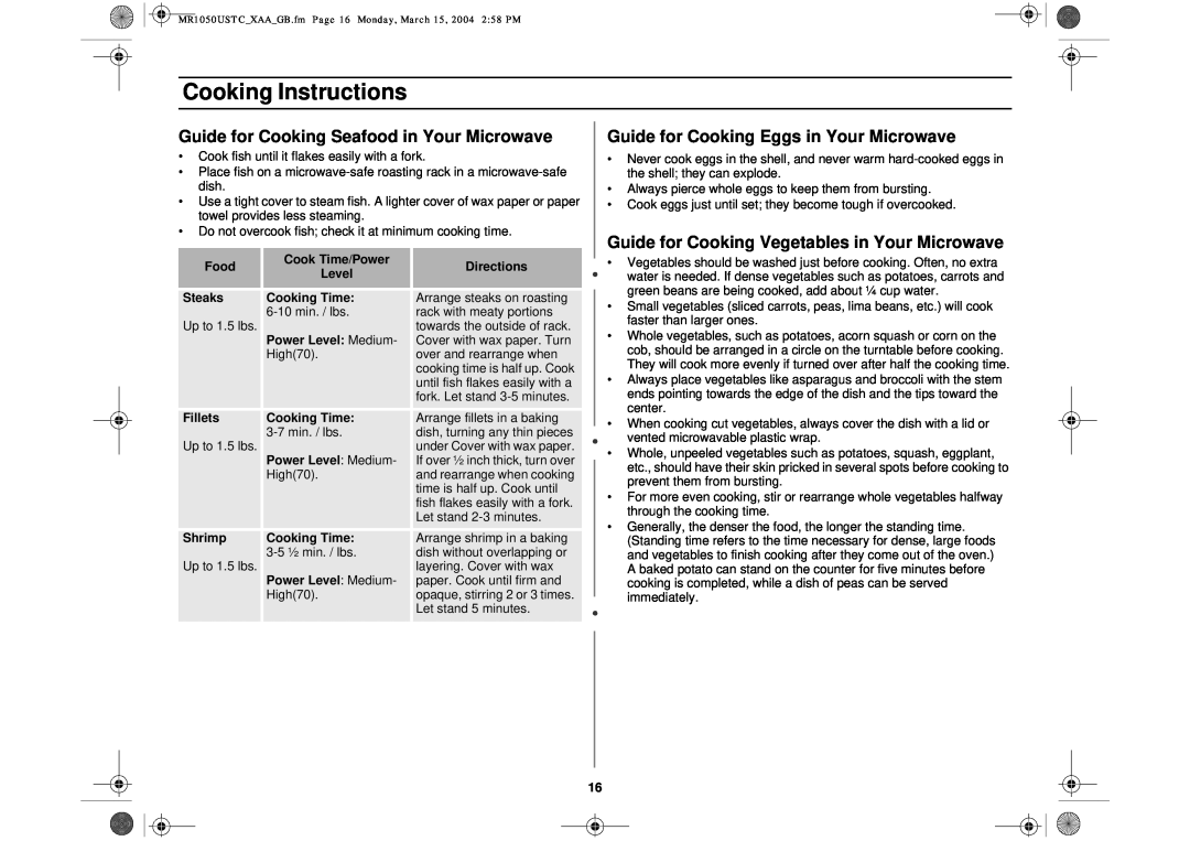 Samsung MR1050USTC owner manual Guide for Cooking Seafood in Your Microwave, Guide for Cooking Eggs in Your Microwave 