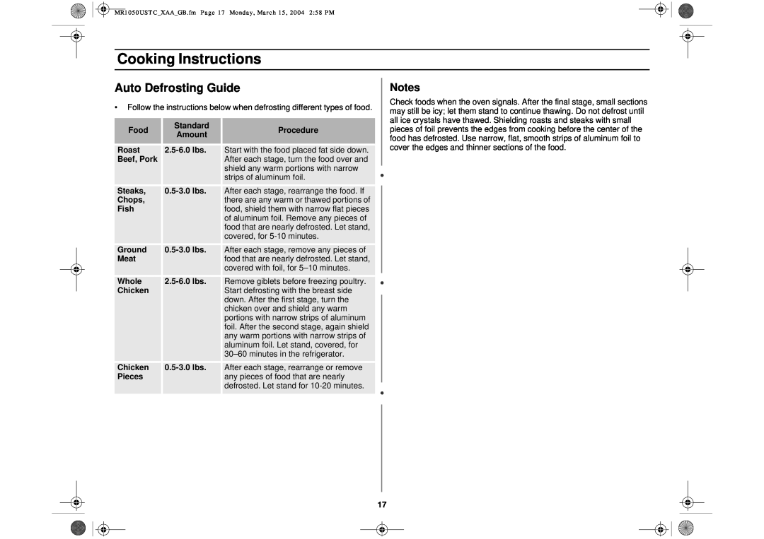 Samsung MR1050USTC owner manual Auto Defrosting Guide, Cooking Instructions, there are any warm or thawed portions of 