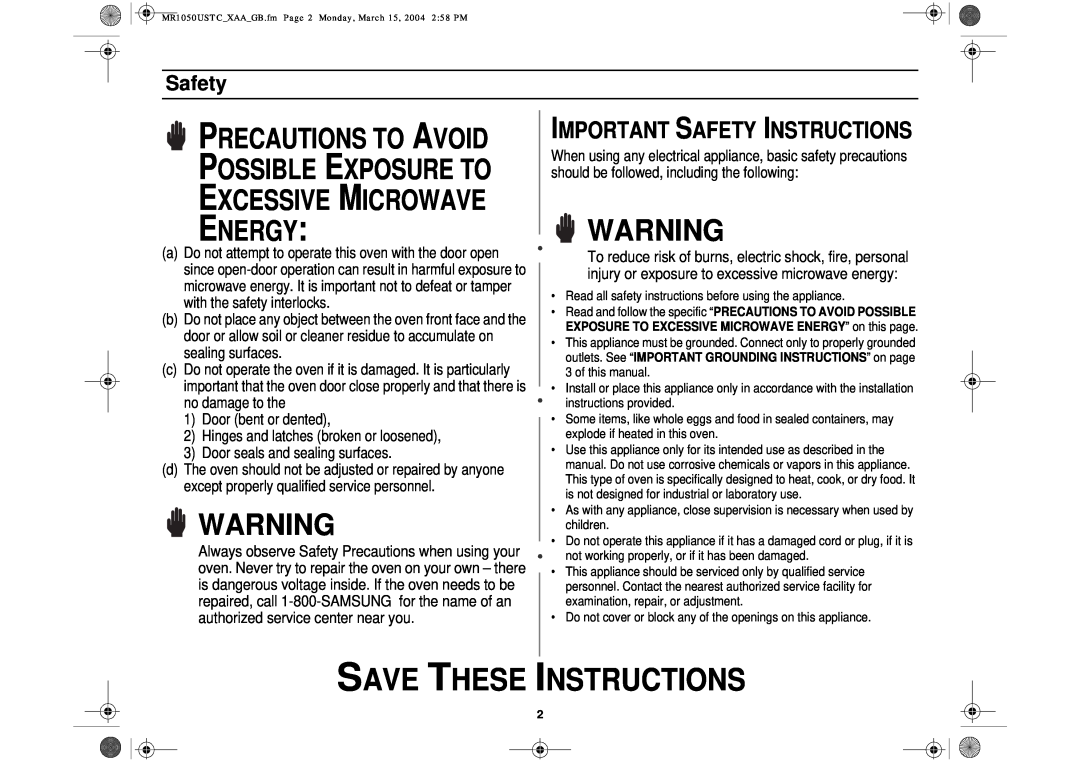 Samsung MR1050USTC Save These Instructions, Important Safety Instructions, Precautions To Avoid, Possible Exposure To 