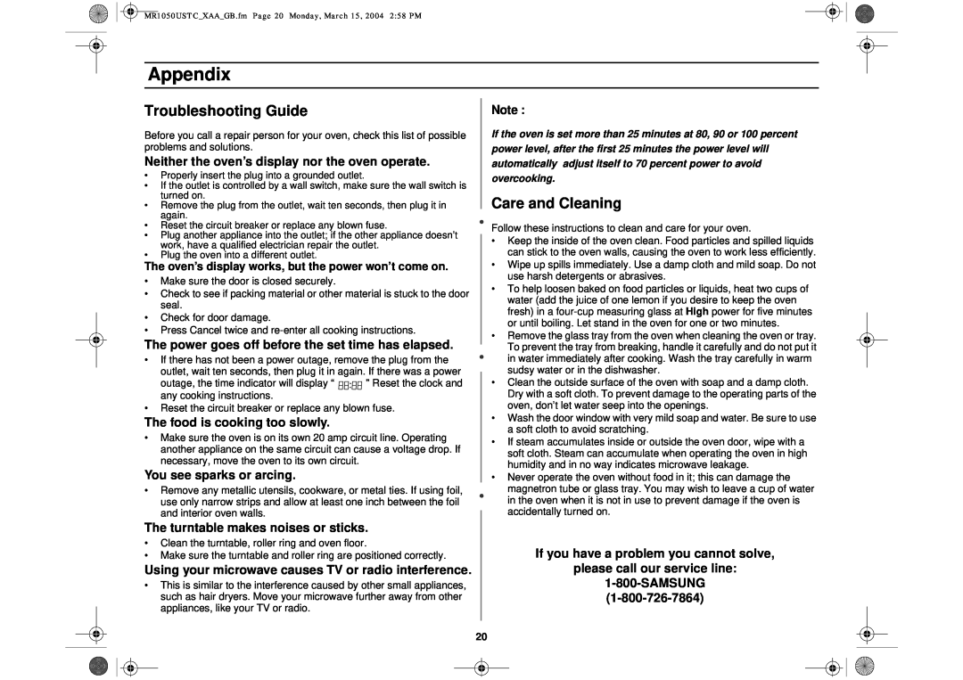 Samsung MR1050USTC owner manual Appendix, Troubleshooting Guide, Care and Cleaning 