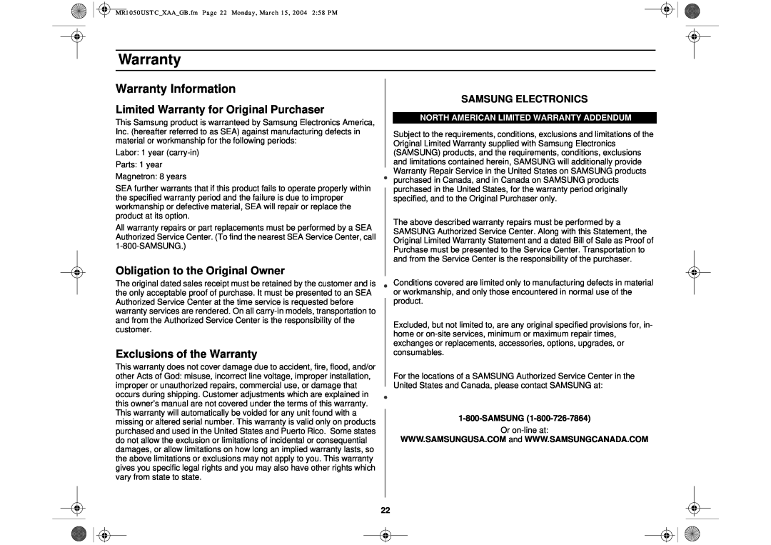 Samsung MR1050USTC Warranty Information, Limited Warranty for Original Purchaser, Obligation to the Original Owner 