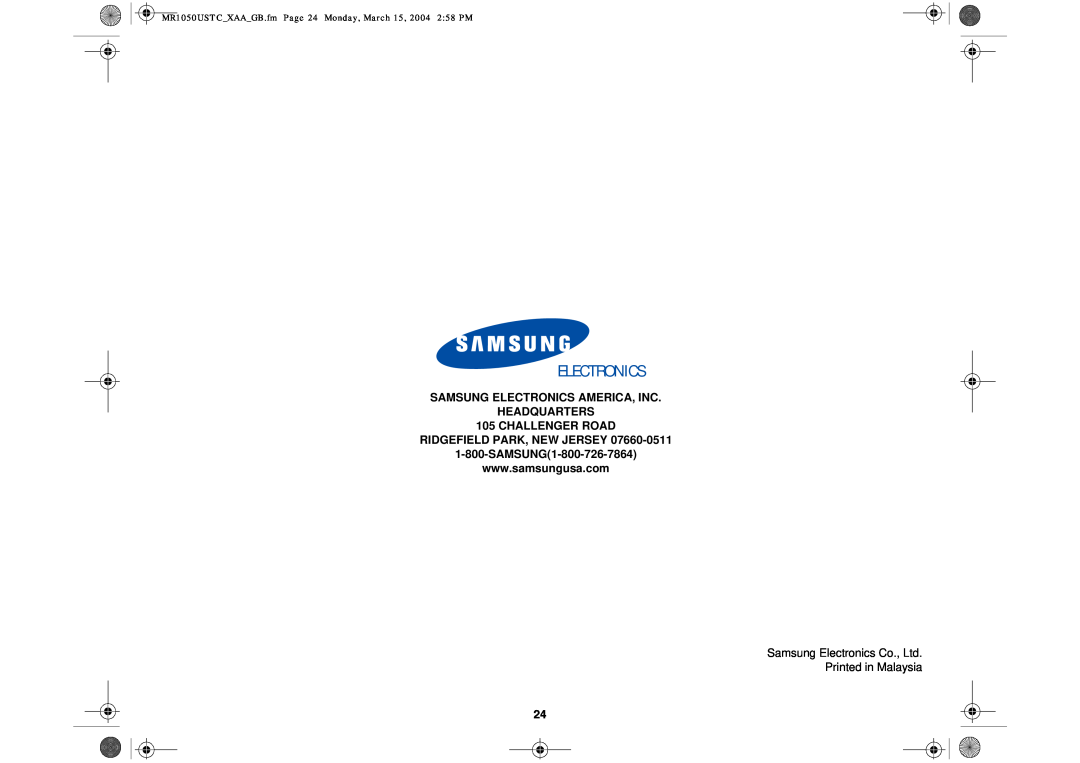 Samsung MR1050USTC owner manual Electronics, SAMSUNG ELECTRONICS AMERICA, INC HEADQUARTERS 105 CHALLENGER ROAD 
