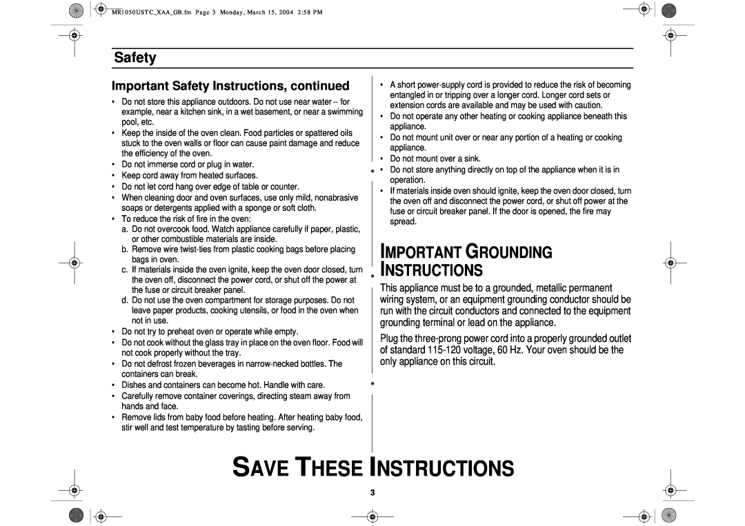 Samsung MR1050USTC Important Grounding Instructions, Important Safety Instructions, continued, Save These Instructions 