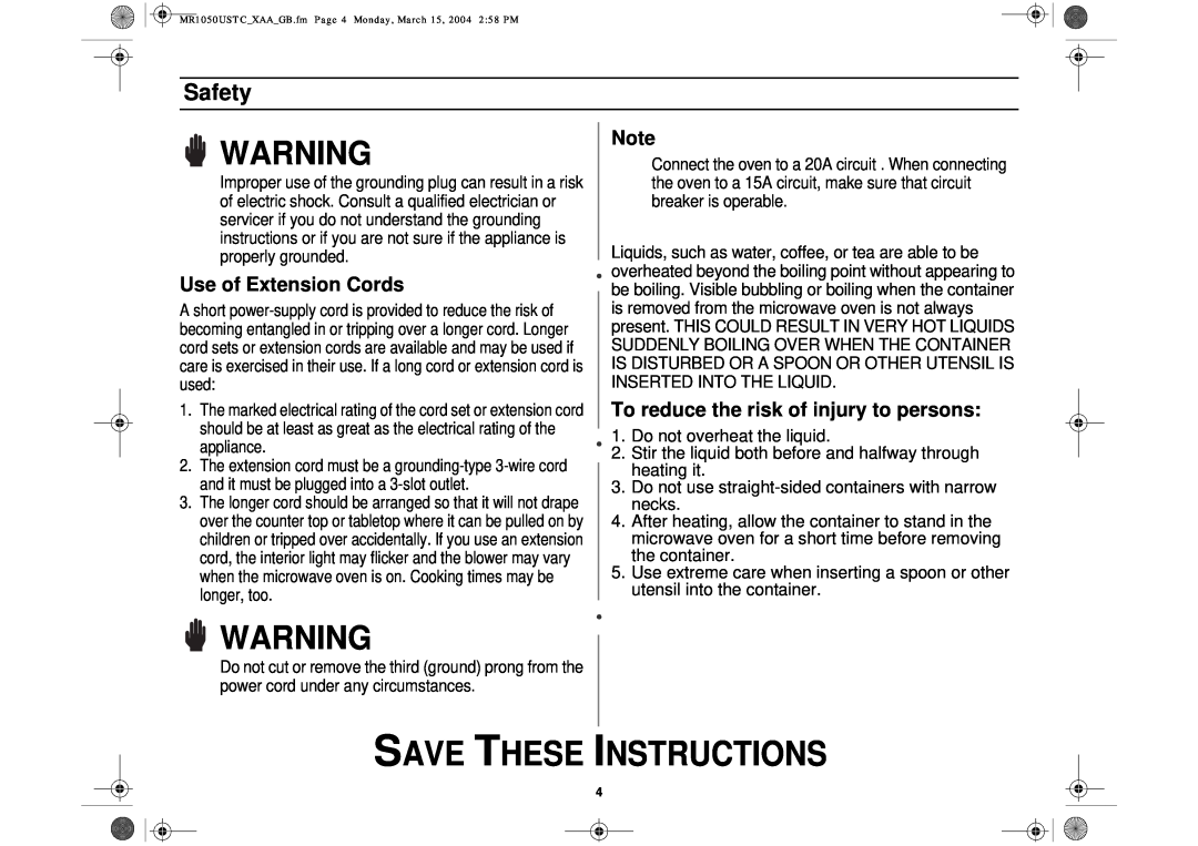 Samsung MR1050USTC Use of Extension Cords, To reduce the risk of injury to persons, Save These Instructions, Safety 