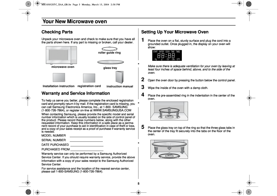 Samsung MR1050USTC owner manual Your New Microwave oven, Checking Parts, Warranty and Service Information 