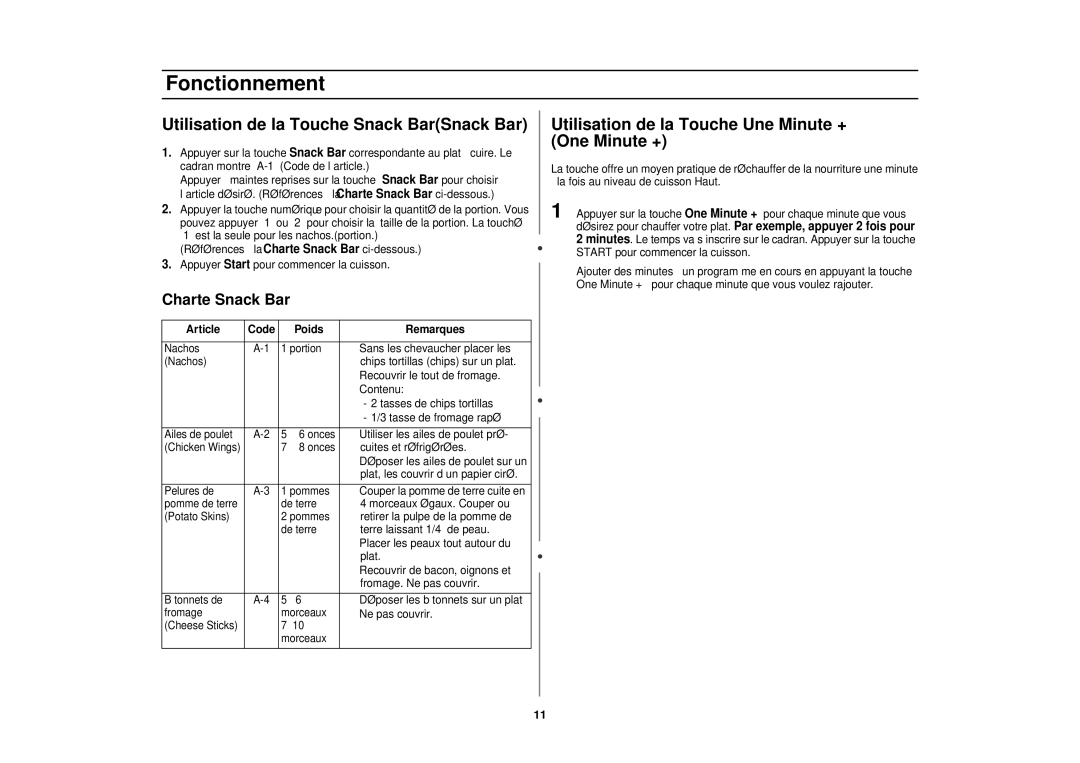Samsung MR1351WB, MR1352BB Utilisation de la Touche Snack BarSnack Bar, Utilisation de la Touche Une Minute + One Minute + 