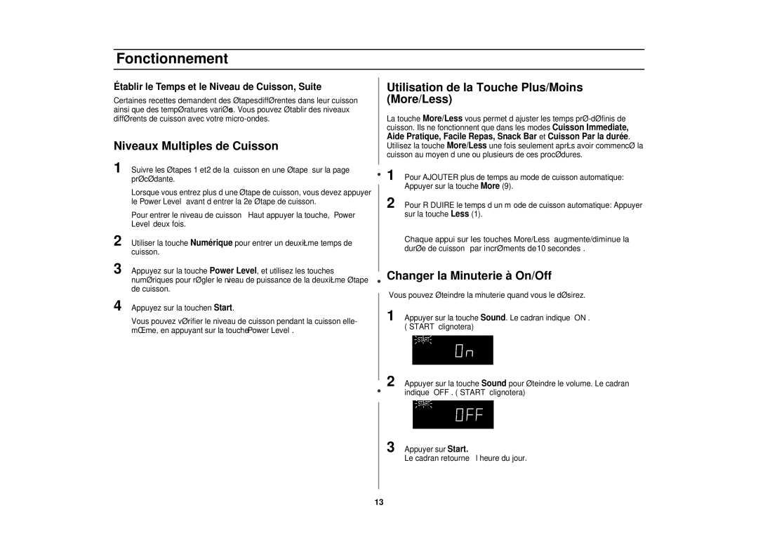 Samsung MR1353SB, MR1352BB, MR1351WB manual Niveaux Multiples de Cuisson, Utilisation de la Touche Plus/Moins More/Less 