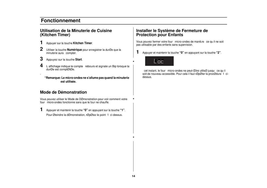 Samsung MR1351WB, MR1352BB, MR1353SB manual Utilisation de la Minuterie de Cuisine Kitchen Timer, Mode de Démonstration 