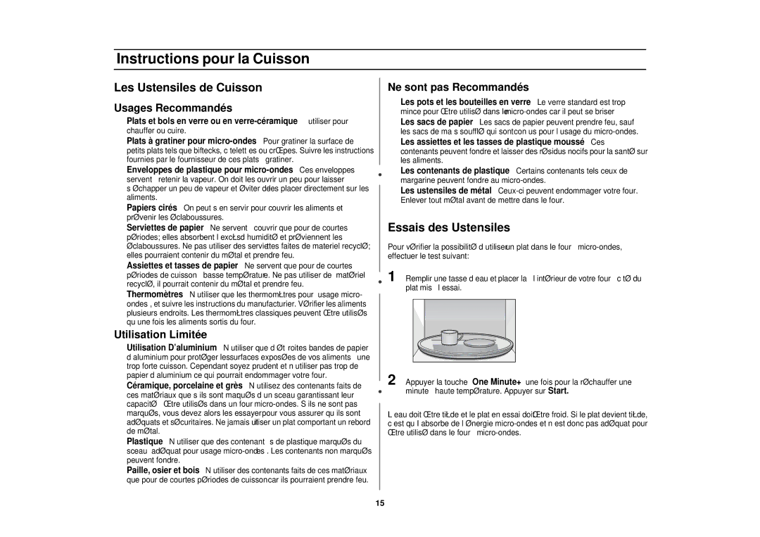 Samsung MR1352BB, MR1353SB, MR1351WB manual Instructions pour la Cuisson, Les Ustensiles de Cuisson, Essais des Ustensiles 