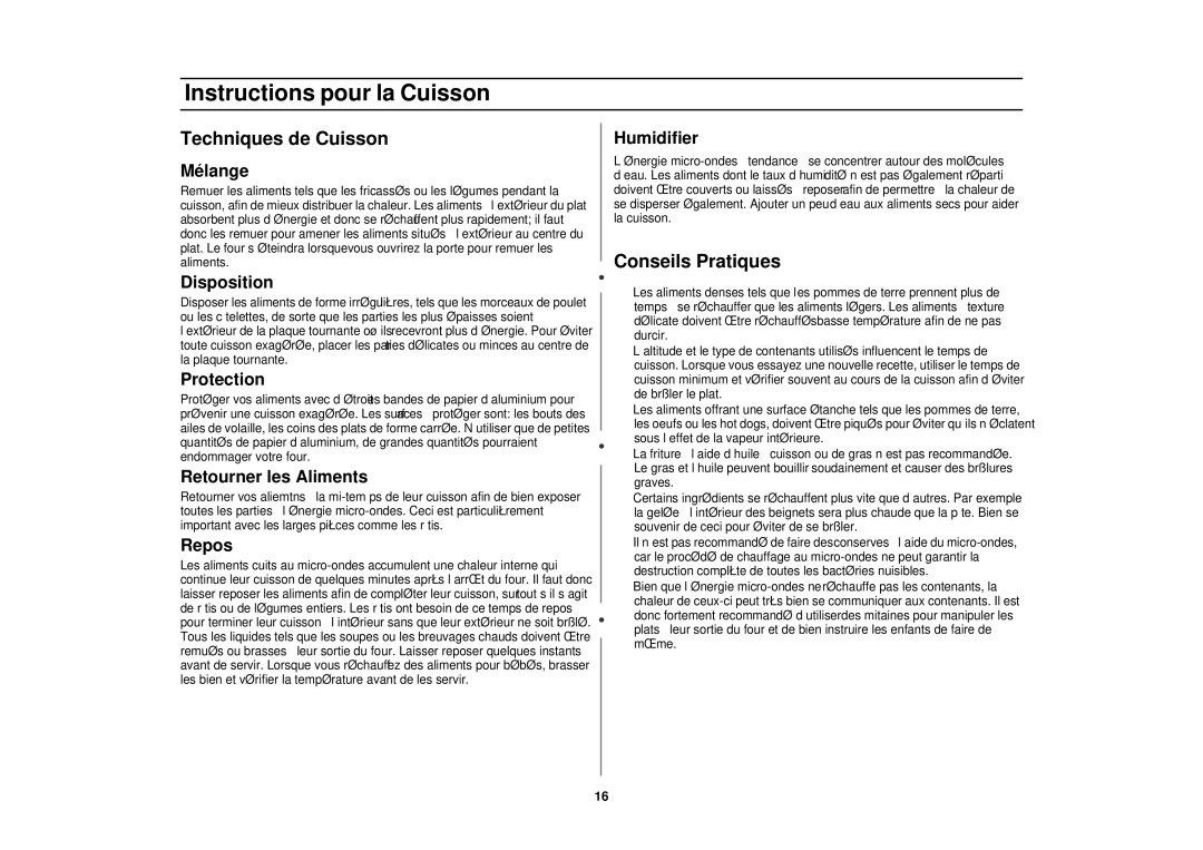 Samsung MR1353SB, MR1352BB, MR1351WB manual Techniques de Cuisson, Conseils Pratiques 