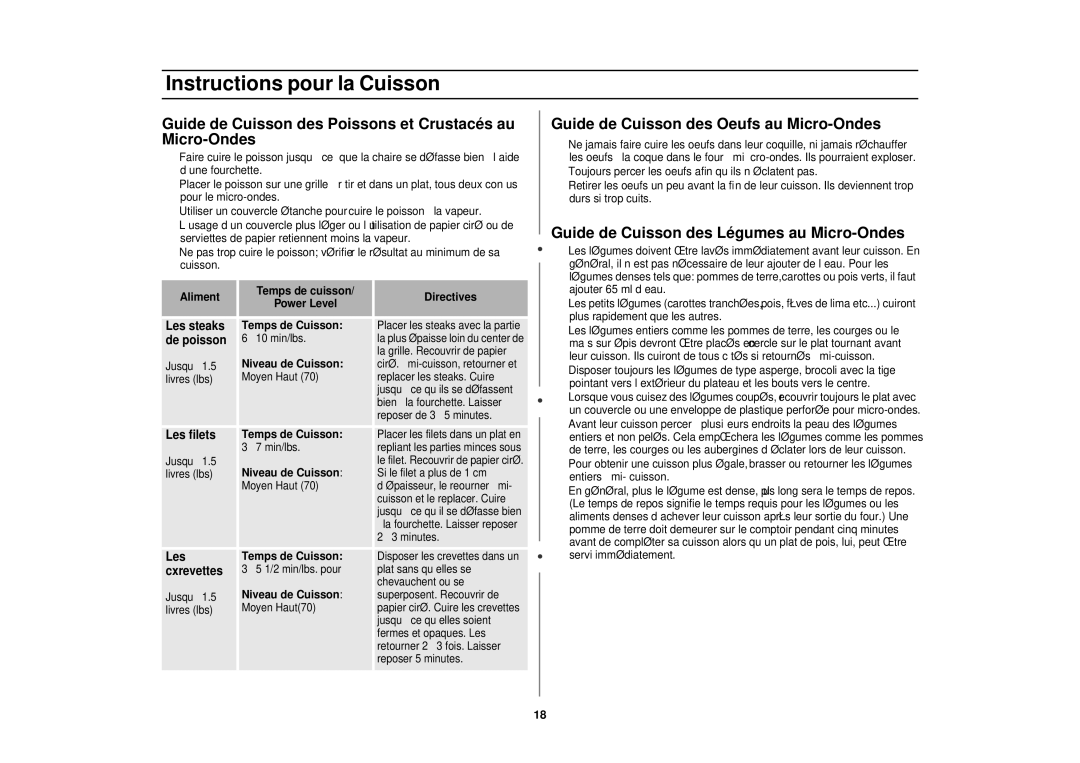 Samsung MR1352BB Guide de Cuisson des Poissons et Crustacés au Micro-Ondes, Guide de Cuisson des Oeufs au Micro-Ondes 