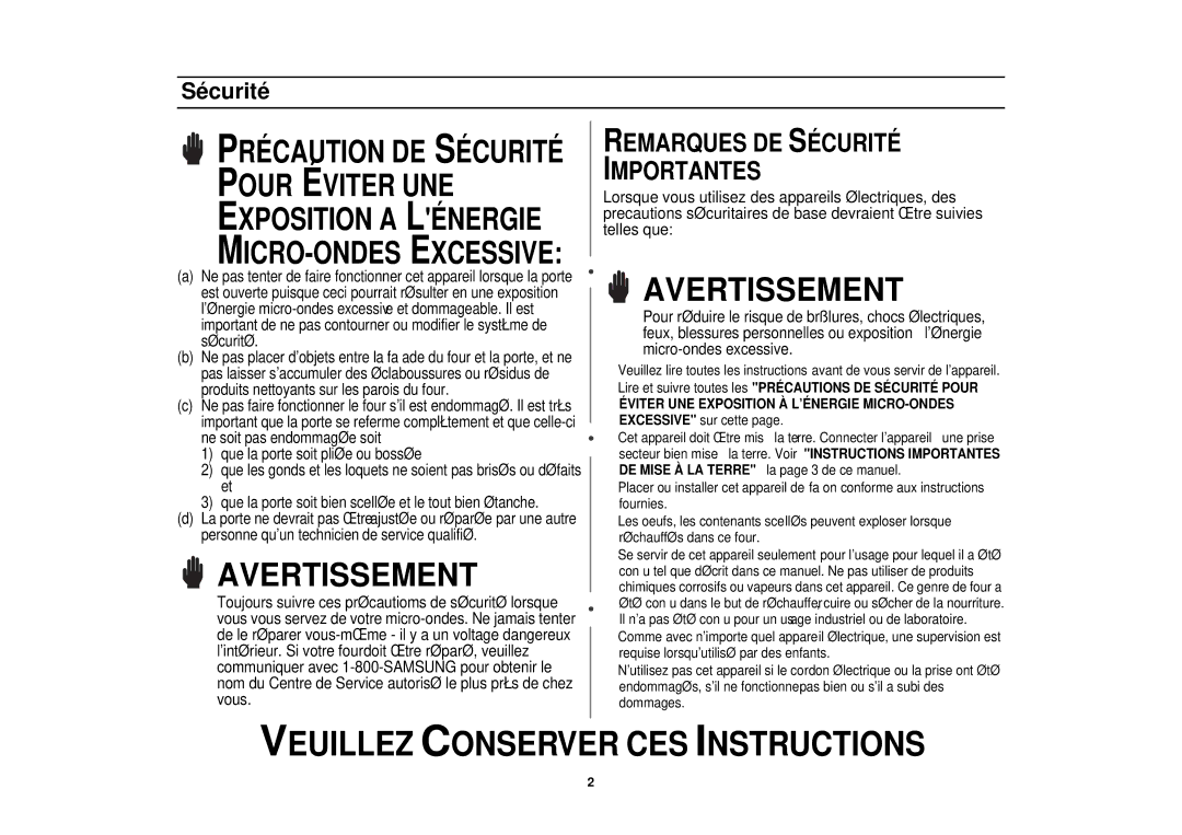 Samsung MR1351WB, MR1352BB, MR1353SB manual Avertissement, Sécurité 