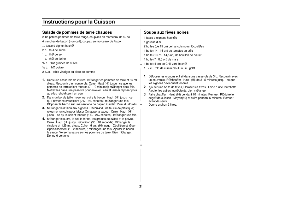 Samsung MR1352BB, MR1353SB, MR1351WB manual Salade de pommes de terre chaudes, Soupe aux fèves noires 