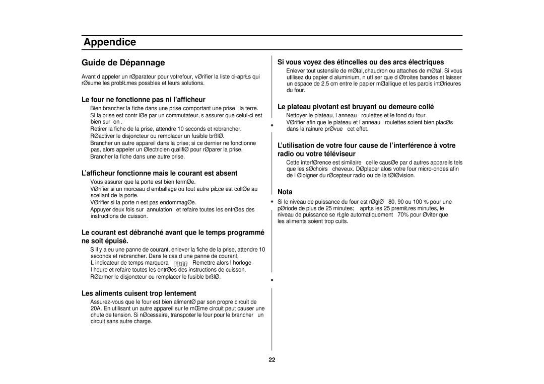 Samsung MR1353SB, MR1352BB, MR1351WB manual Appendice, Guide de Dépannage 