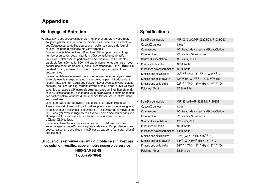 Samsung MR1351WB, MR1352BB, MR1353SB manual Nettoyage et Entretien Spécifications, Samsung 