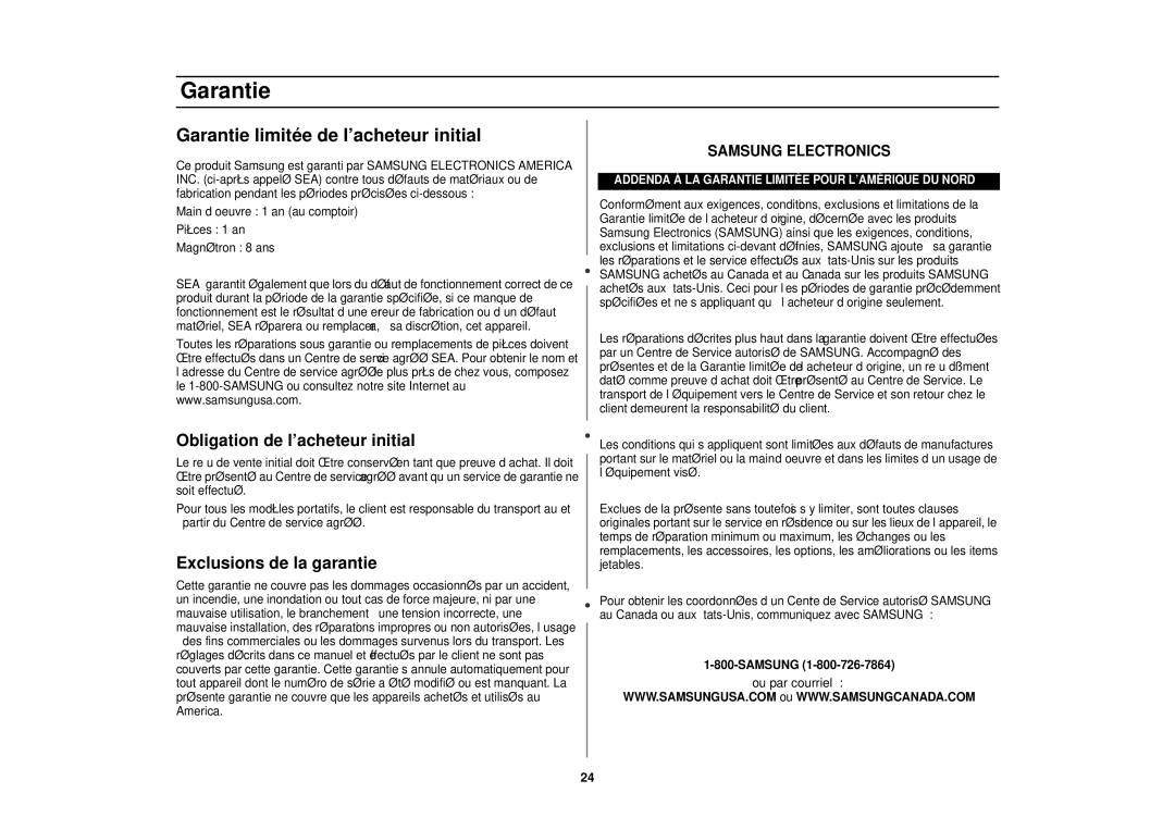 Samsung MR1352BB Garantie limitée de l’acheteur initial, Obligation de l’acheteur initial, Exclusions de la garantie 