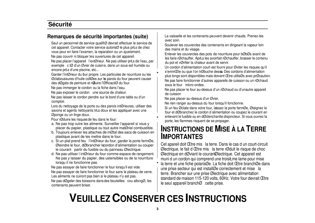 Samsung MR1352BB, MR1353SB, MR1351WB manual Instructions DE Mise À LA Terre Importantes 