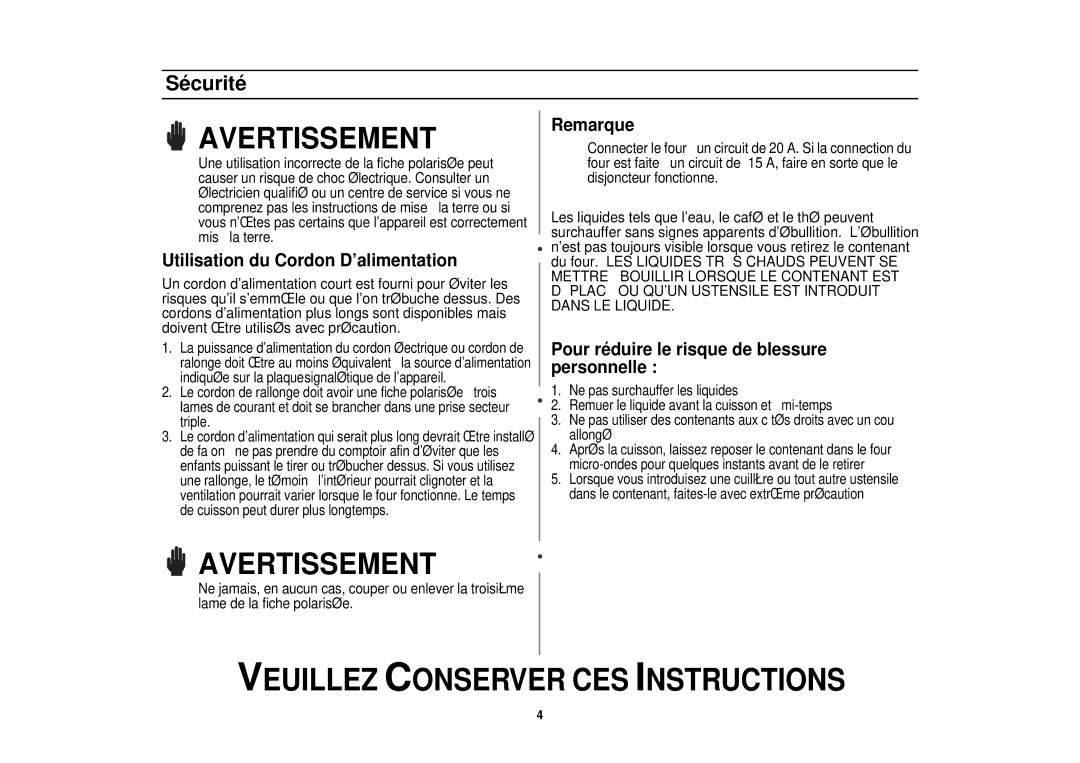 Samsung MR1353SB, MR1352BB, MR1351WB manual Utilisation du Cordon D’alimentation 