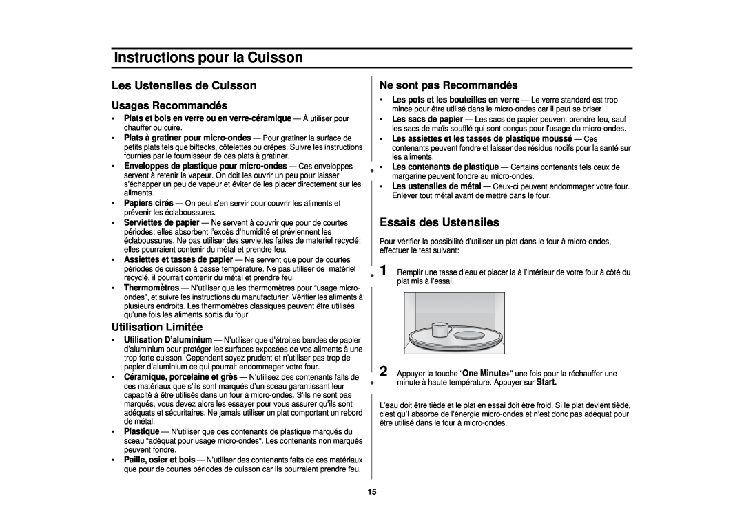 Samsung MR1352BB manual Instructions pour la Cuisson, Les Ustensiles de Cuisson, Essais des Ustensiles, Usages Recommandés 