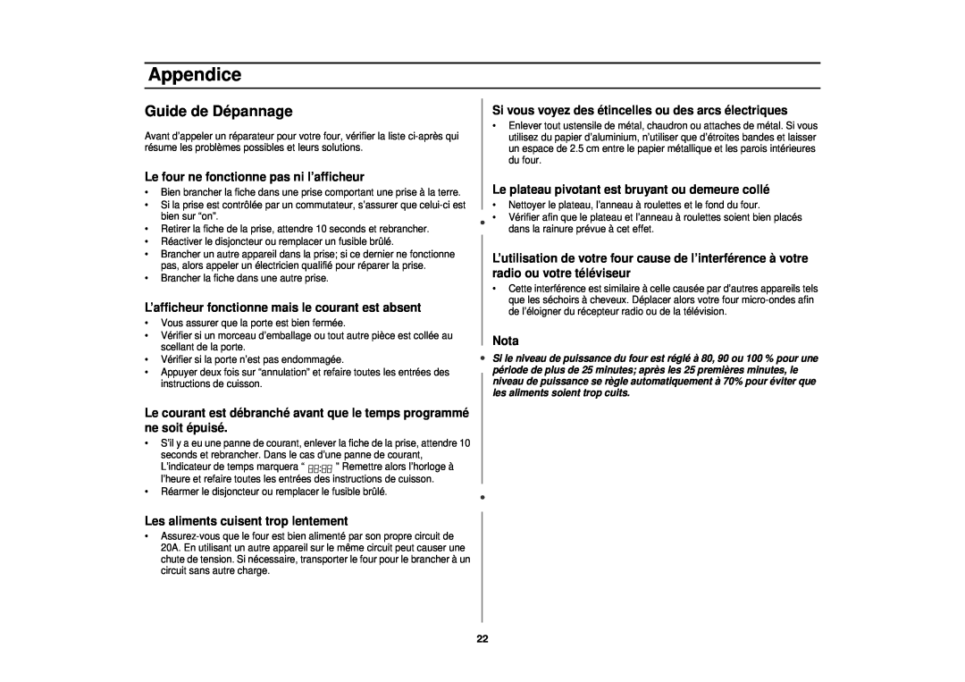 Samsung MR1353SB, MR1352BB, MR1351WB manual Appendice, Guide de Dépannage 