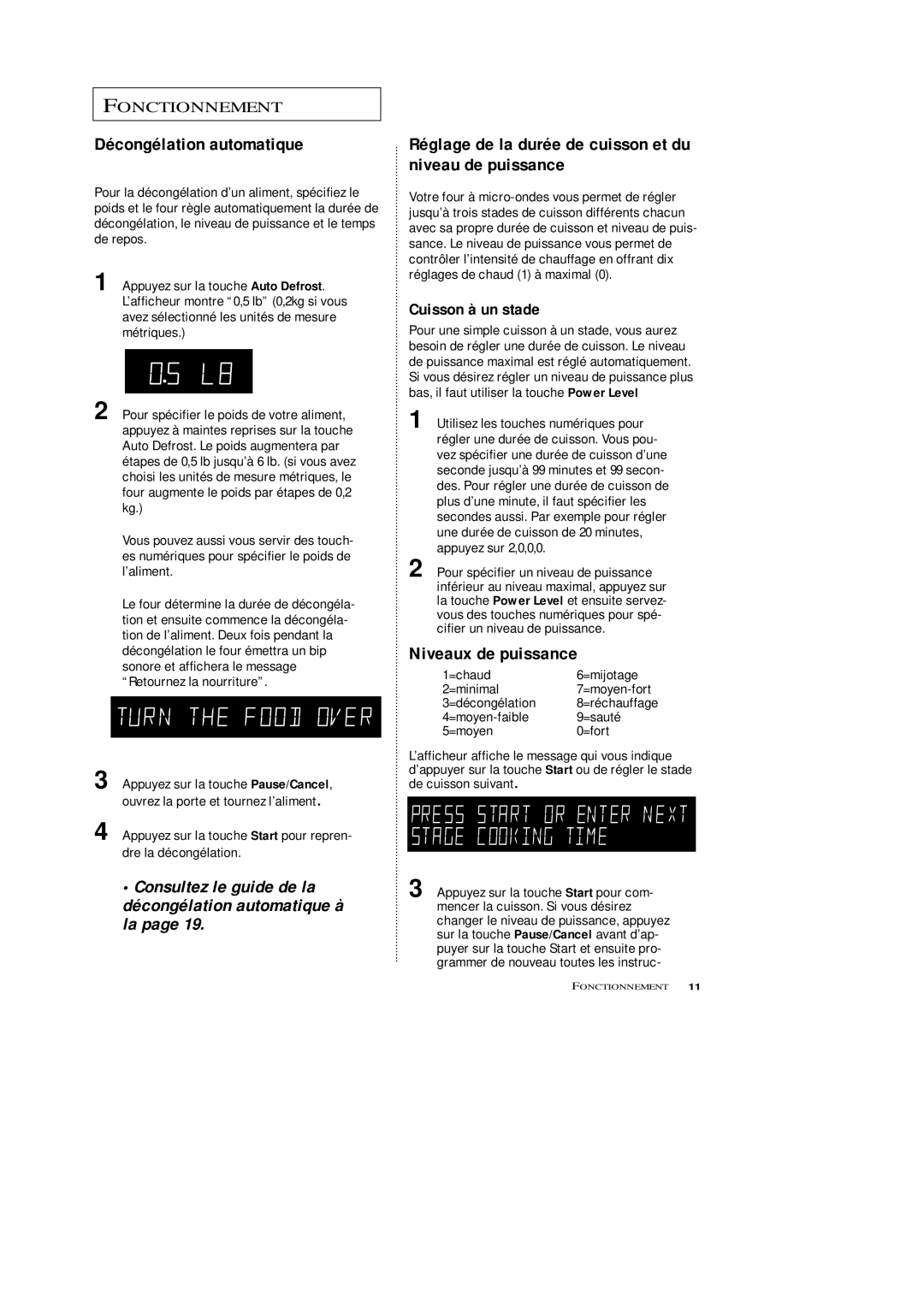 Samsung MR7494W manual Réglage de la durée de cuisson et du niveau de puissance, Niveaux de puissance, Cuisson à un stade 