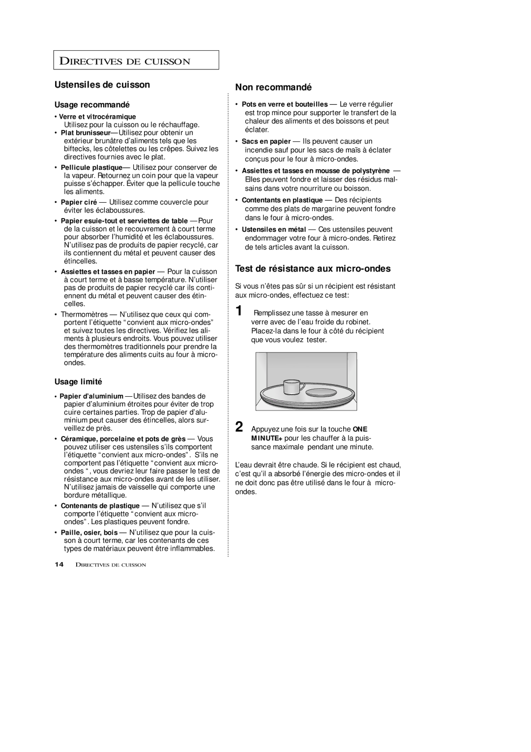 Samsung MR5493G manual Ustensiles de cuisson, Non recommandé, Test de résistance aux micro-ondes, Verre et vitrocéramique 