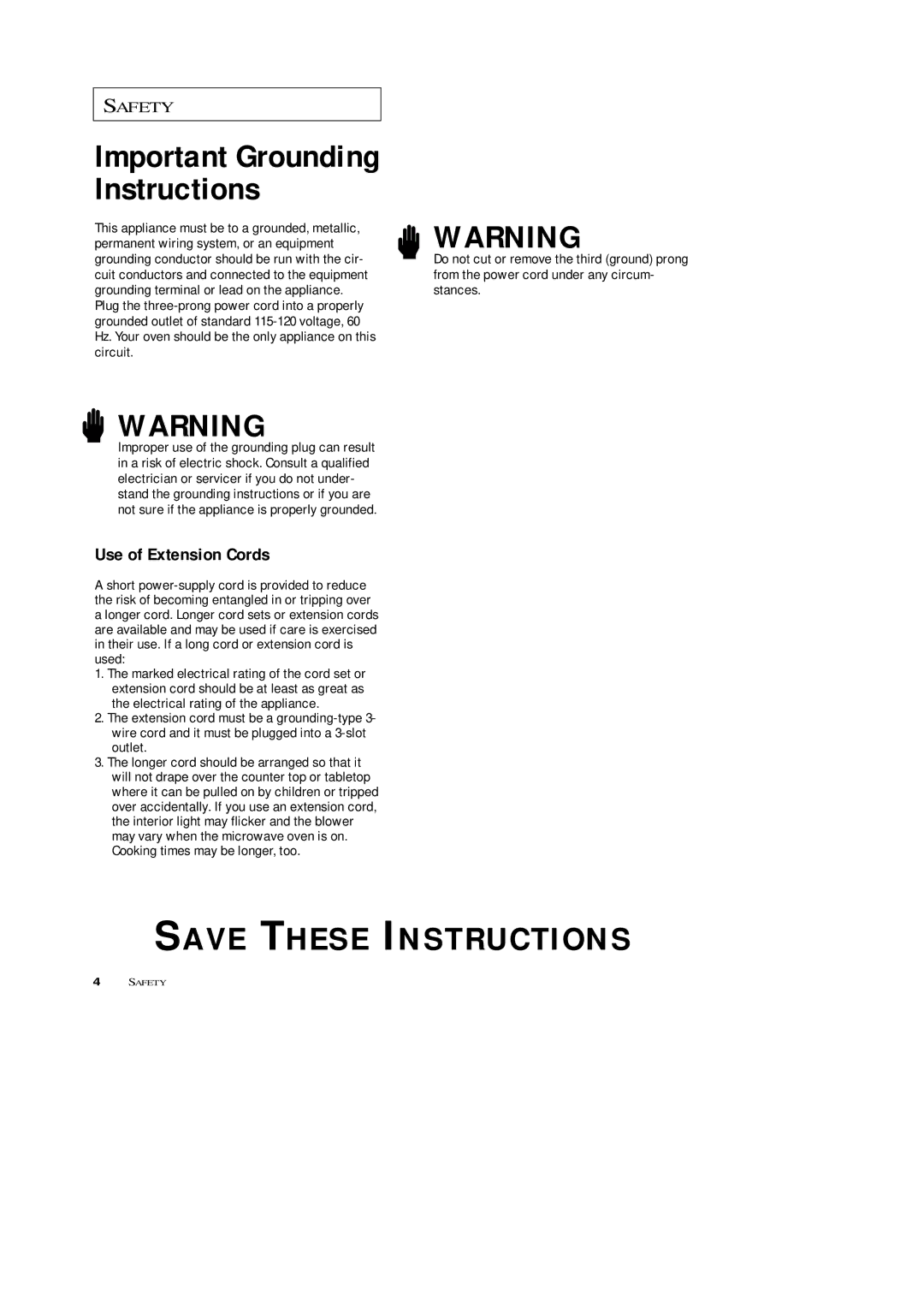 Samsung MR7492W, MR5493G, MR7491G, MR5494W, MR7494W, MR5491G, MR5492W Important Grounding Instructions, Use of Extension Cords 