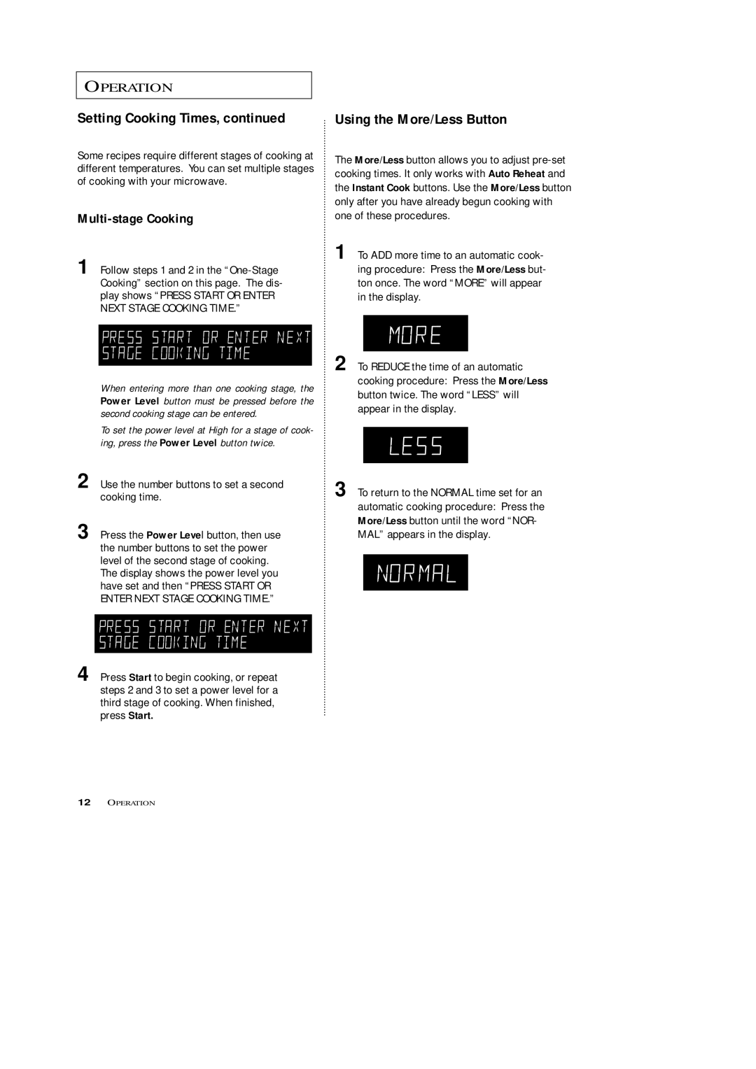 Samsung MR5494W, MR5493G, MR7491G, MR7492W, MR7494W Setting Cooking Times, Using the More/Less Button, Multi-stage Cooking 