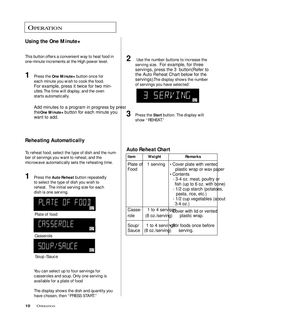 Samsung MR6699GB, MR6699SB, MR6698WB owner manual Using the One Minute+, Auto Reheat Chart, Reheating Automatically 