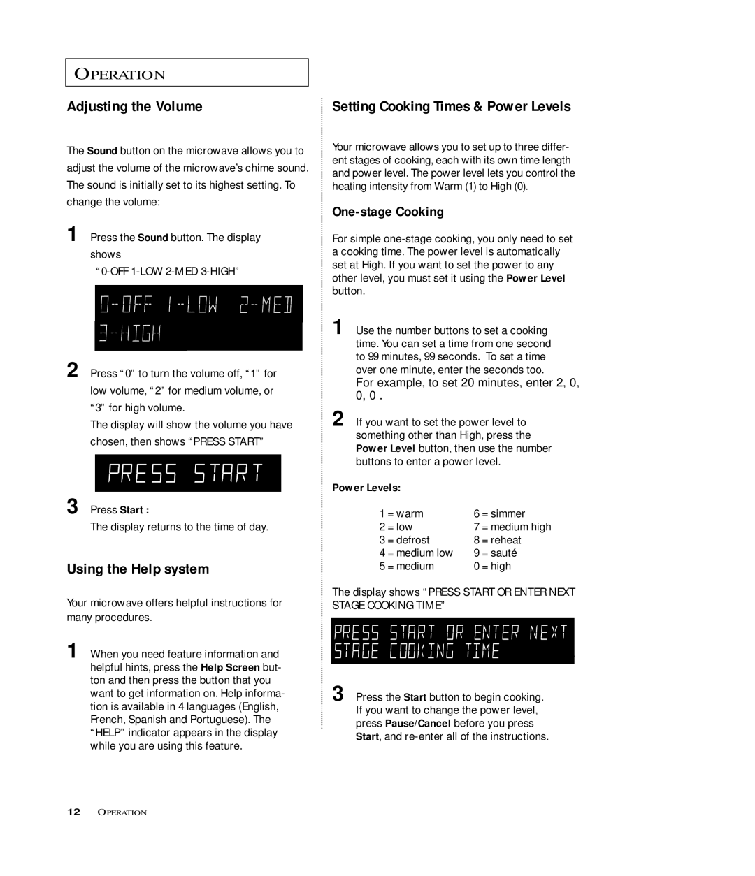 Samsung MR6699SB, MR6699GB Adjusting the Volume, Using the Help system, One-stage Cooking, Press Start, Power Levels 