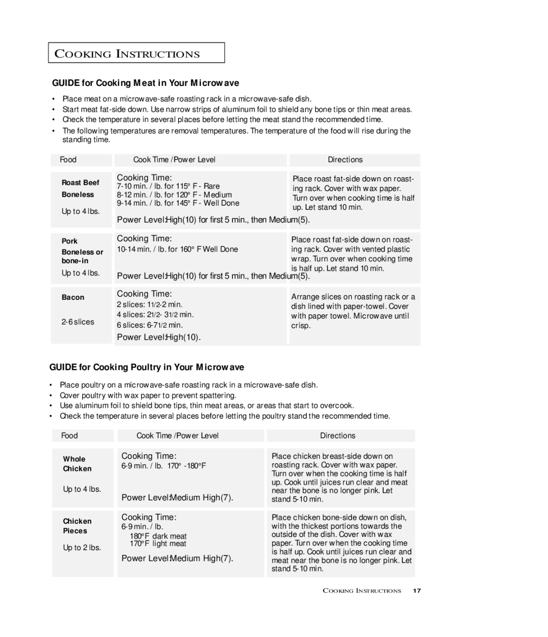 Samsung MR6698WB, MR6699SB, MR6699GB Guide for Cooking Meat in Your Microwave, Guide for Cooking Poultry in Your Microwave 