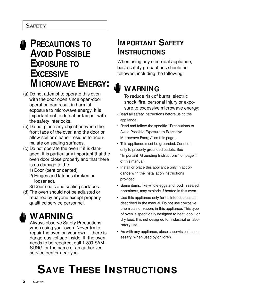 Samsung MR6698WB, MR6699SB, MR6699GB owner manual Precautions to Avoid Possible Exposure to Excessive 