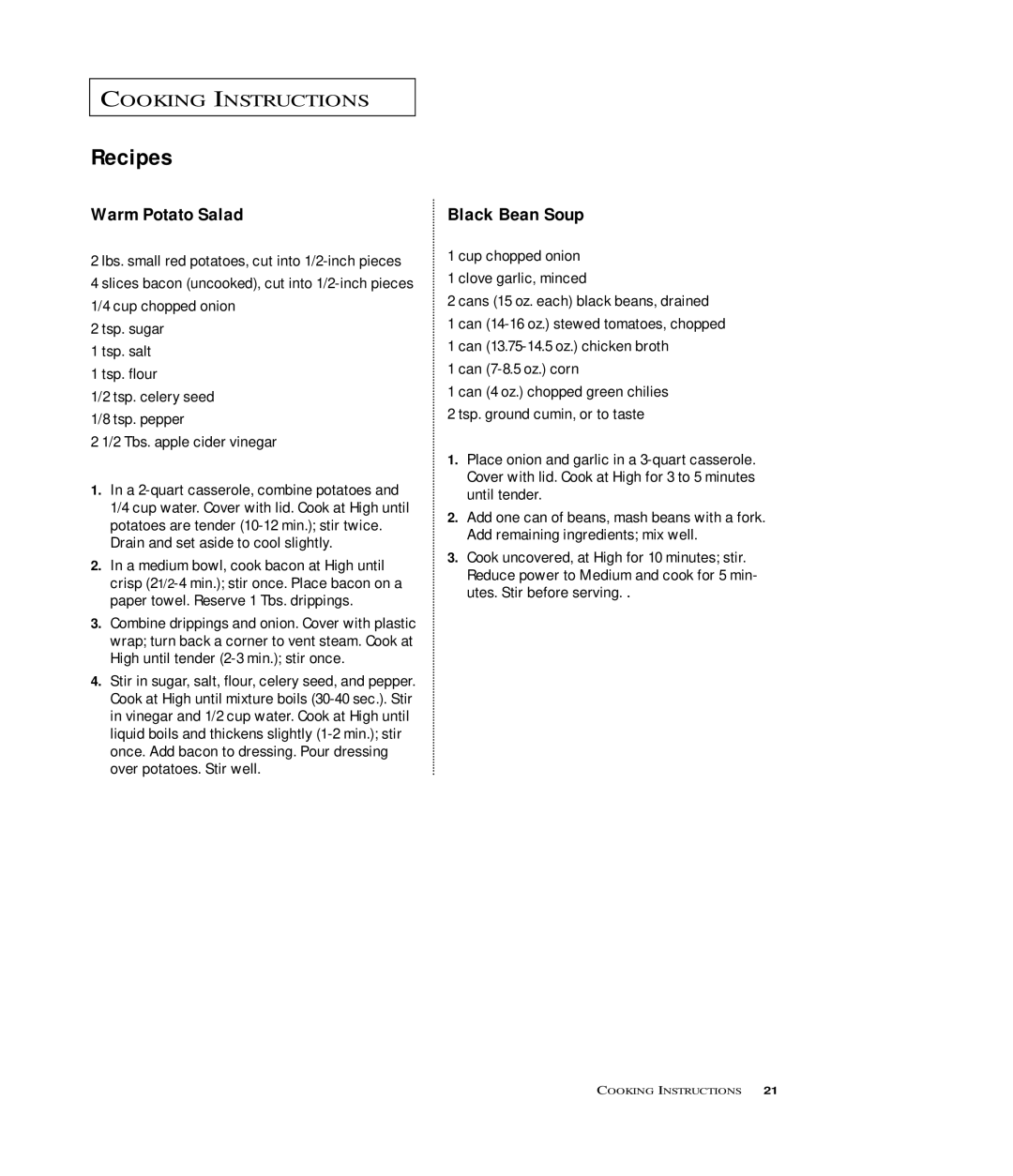 Samsung MR6699SB, MR6699GB, MR6698WB owner manual Warm Potato Salad, Black Bean Soup, 2 Tbs. apple cider vinegar 