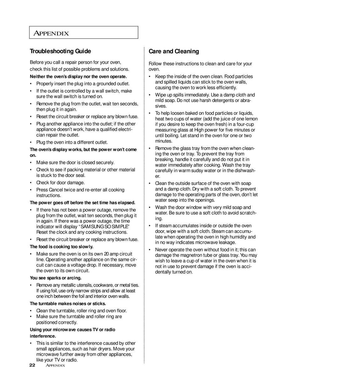 Samsung MR6699GB, MR6699SB, MR6698WB owner manual Troubleshooting Guide, Care and Cleaning 