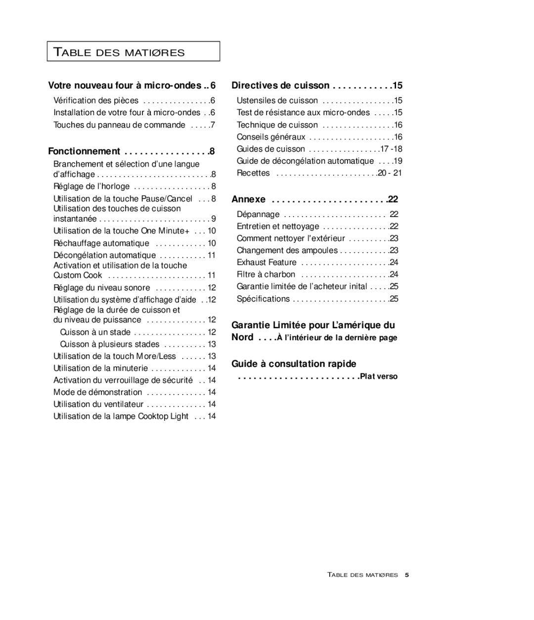 Samsung MR6698WB, MR6699SB, MR6699GB Directives de cuisson, Annexe, Guide à consultation rapide Plat verso, Fonctionnement 