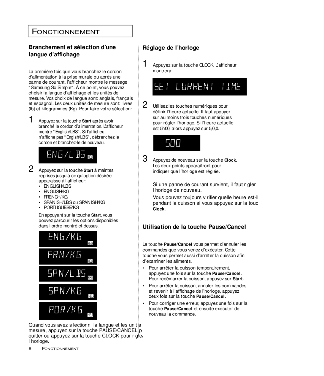 Samsung MR6698WB Branchement et sélection d’une langue d’affichage, Réglage de l’horloge, SPANISH/LBS ou SPANISH/KG 