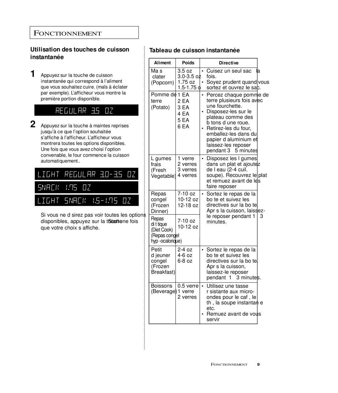 Samsung MR6699SB Utilisation des touches de cuisson instantanée, Tableau de cuisson instantanée, Aliment Poids Directive 