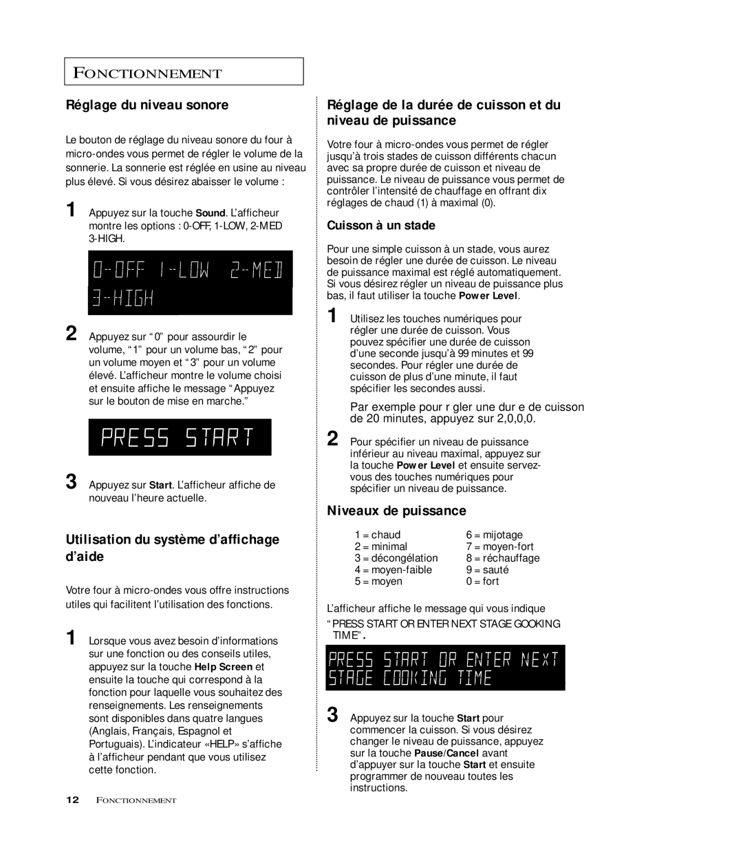 Samsung MR6699SB, MR6699GB Réglage du niveau sonore, Utilisation du système d’affichage d’aide, Niveaux de puissance 