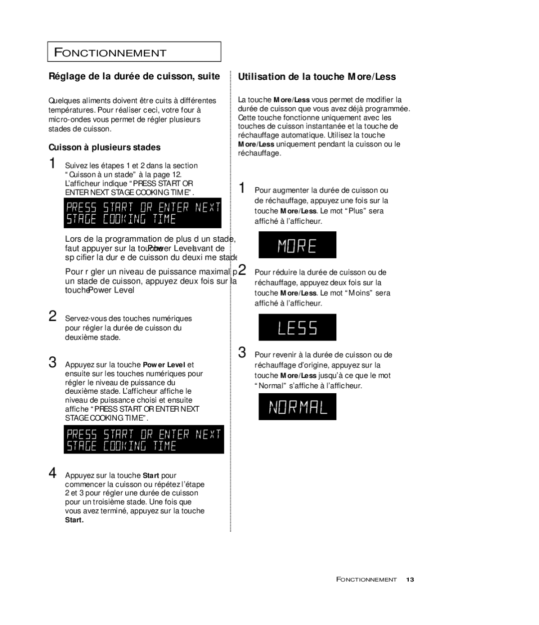 Samsung MR6699GB Utilisation de la touche More/Less, Réglage de la durée de cuisson, suite, Cuisson à plusieurs stades 