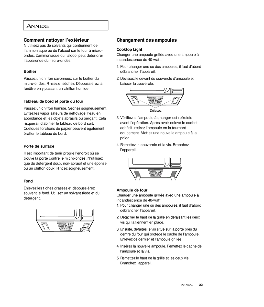 Samsung MR6698WB, MR6699SB, MR6699GB owner manual Comment nettoyer l’extérieur, Changement des ampoules 