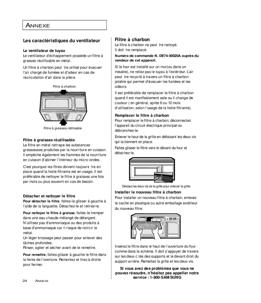 Samsung MR6699SB, MR6699GB, MR6698WB owner manual Les caractéristiques du ventilateur, Filtre à charbon 