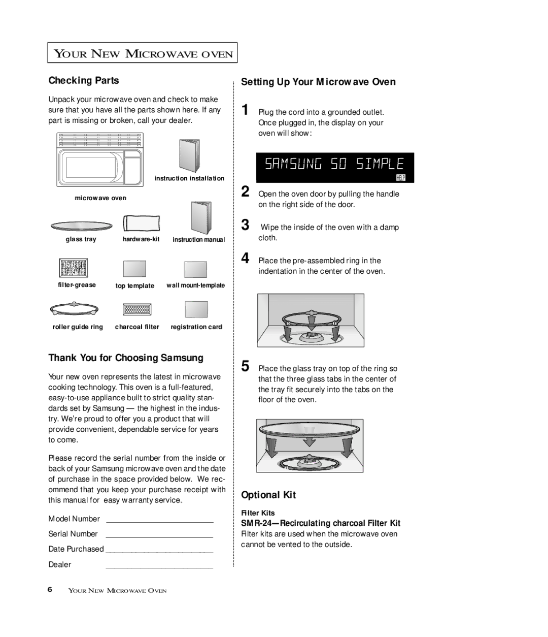 Samsung MR6699SB, MR6699GB Checking Parts, Setting Up Your Microwave Oven, Thank You for Choosing Samsung, Optional Kit 