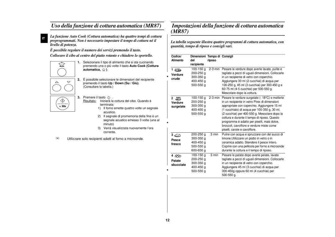 Samsung MR87-S/XET Uso della funzione di cottura automatica MR87, Impostazioni della funzione di cottura automatica MR87 