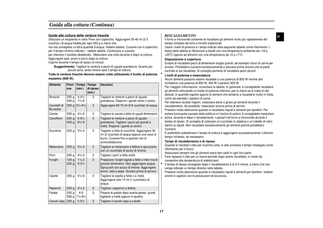 Samsung MR87-S/XET manual Guida alla cottura Continua, Riscaldamento 